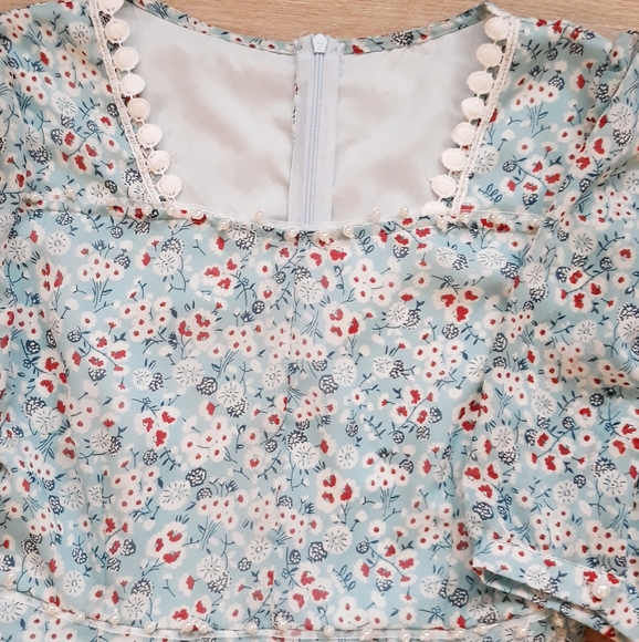 Vintage Blue Floral Print Liberty Dress Sz Small - Puff Sleeves Pearl Trim Dress - Picture 6 of 13